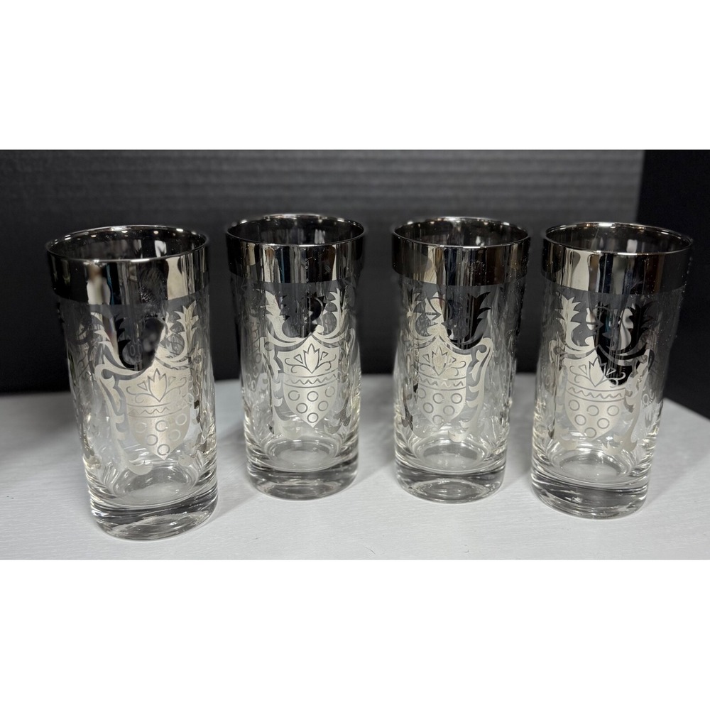 Vintage Century Metalcraft  Crystal Shield Set Of 4 Silver Highball Glasses 60's